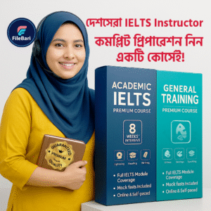 Top female IELTS instructor promoting Academic and General Training IELTS Premium Course by FileBari